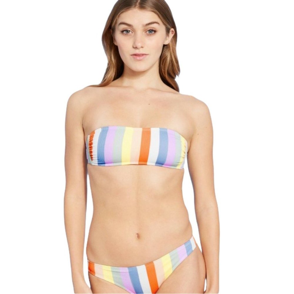Xhilartion Women M/L White Pastel Striped Bandeau